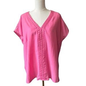 Womens Pink Short Sleeve V-Neck Top 2X Embroidered Detail